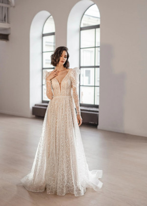 Long Sleeves Glitter Tulle Simple Beach Wedding Dress